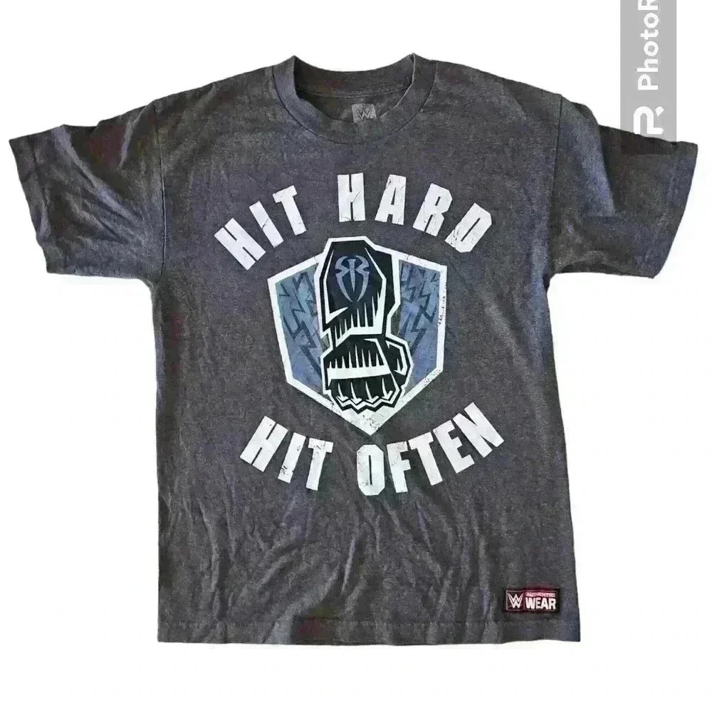 WWE Mens Gray Roman Reigns Hit Hard Hit Often Short Sleeve Crew Neck Tee M
